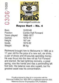 2005 Weg Art 73 Premiers 30th Anniversary #8 Royce Hart Back